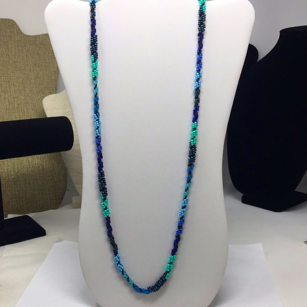 Hand Crafted bead necklace in blues and greens
